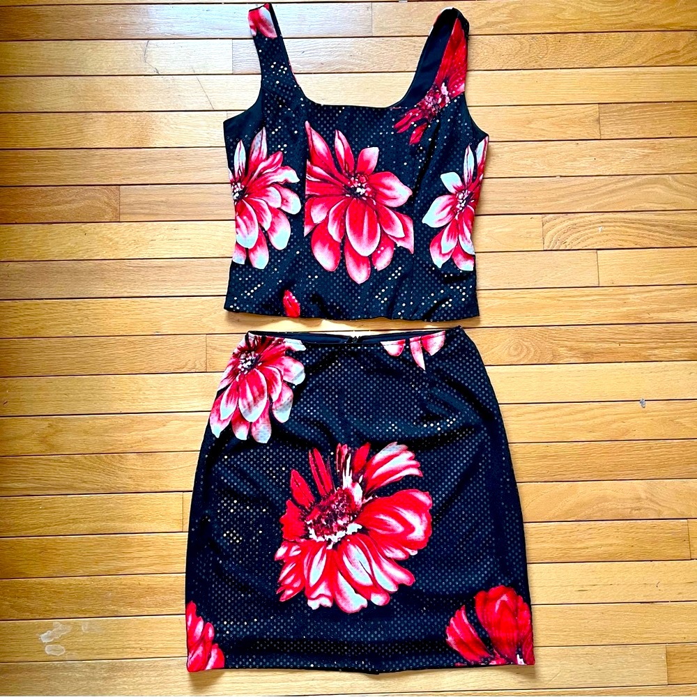 Vintage 90s Joseph Ribkoff Floral Sequin Skirt Tank Set Size S-M